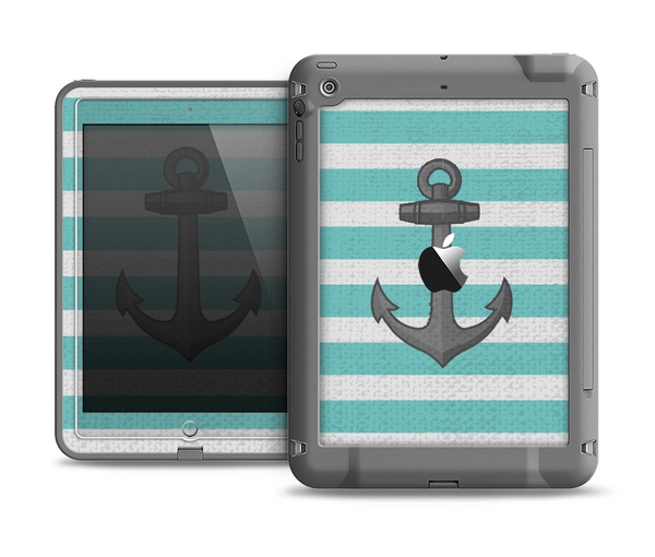 The Teal Stripes with Gray Nautical Anchor Apple iPad Mini LifeProof Fre Case Skin Set