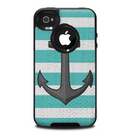 The Teal Stripes with Gray Nautical Anchor Skin for the iPhone 4-4s OtterBox Commuter Case