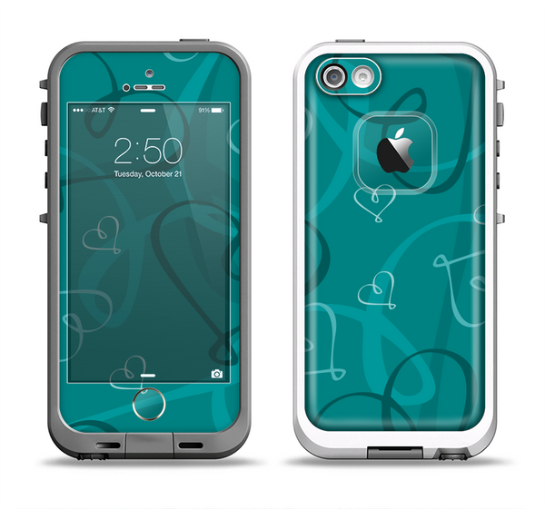 The Teal Swirly Vector Love Hearts Apple iPhone 5-5s LifeProof Fre Case Skin Set
