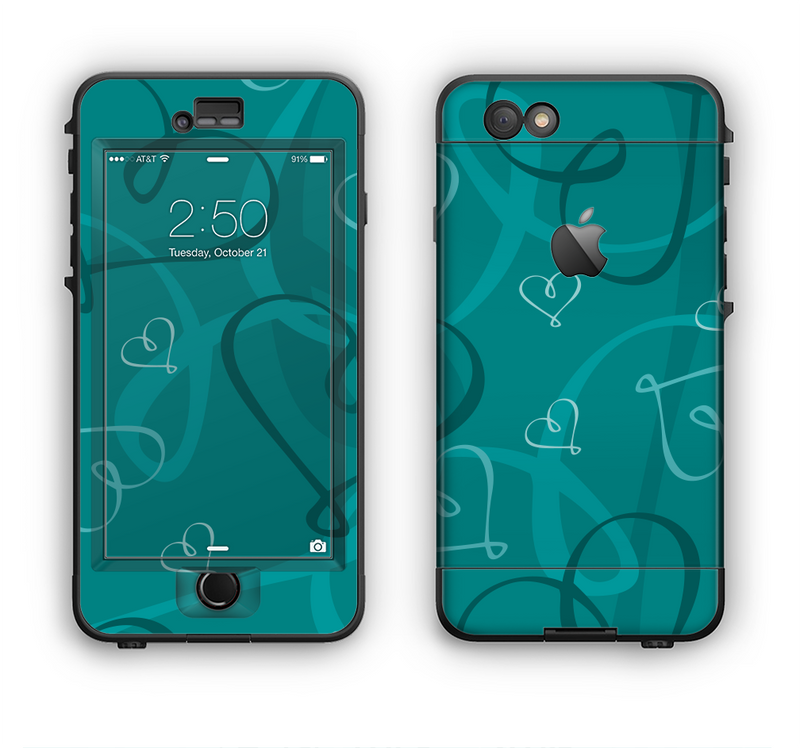 The Teal Swirly Vector Love Hearts Apple iPhone 6 LifeProof Nuud Case Skin Set