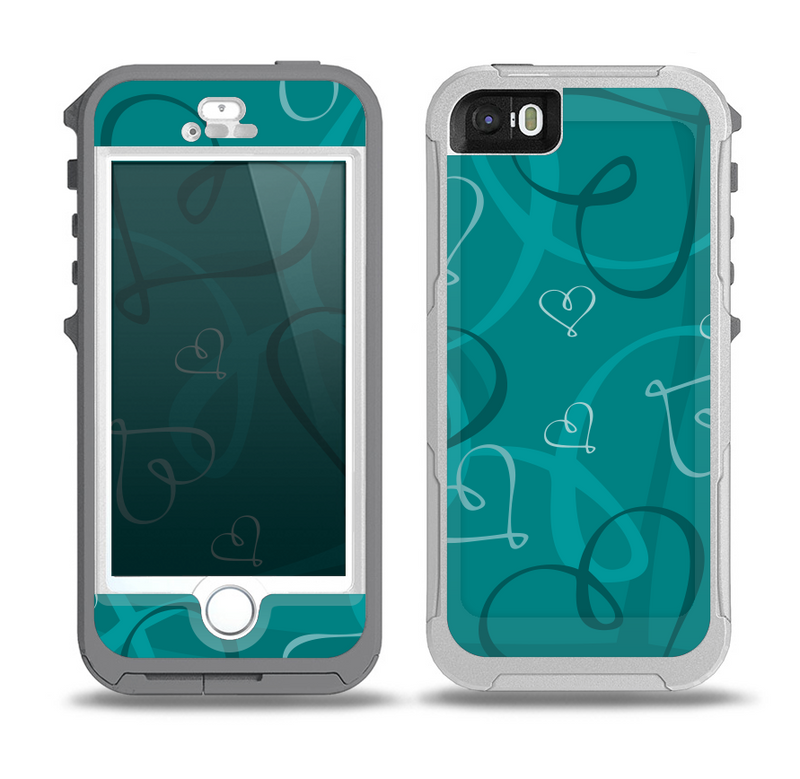 The Teal Swirly Vector Love Hearts Skin for the iPhone 5-5s OtterBox Preserver WaterProof Case