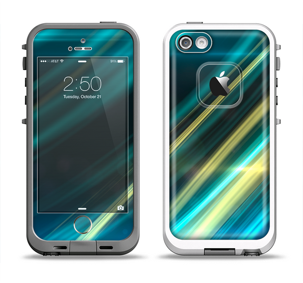 The Teal & Yellow Abstract Glowing Lines Apple iPhone 5-5s LifeProof Fre Case Skin Set