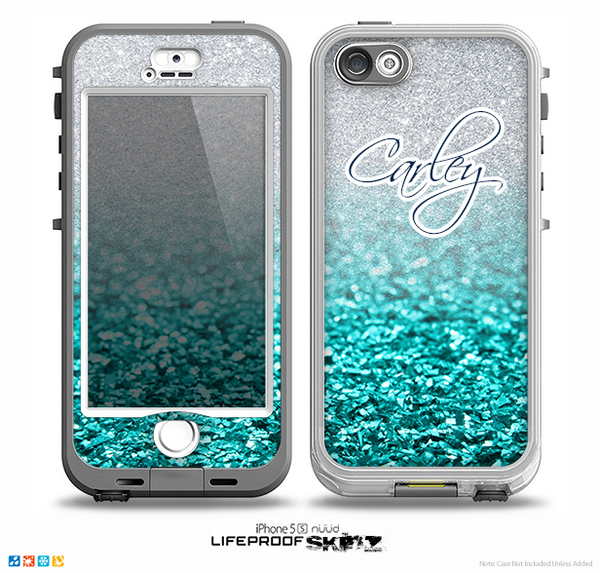 The Aqua Blue & Silver Glimmer Fade Name Script Skin for the iPhone 5-5s nüüd LifeProof Case