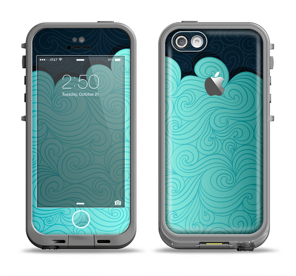 The Aqua Green Abstract Swirls with Dark Apple iPhone 5c LifeProof Fre Case Skin Set