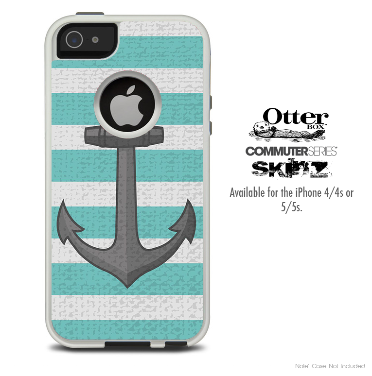 The Aqua Green Striped and Anchor Skin For The iPhone 4-4s or 5-5s Otterbox Commuter Case