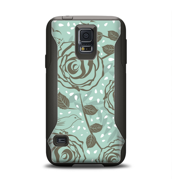 The Toned Green Vector Roses and Birds Samsung Galaxy S5 Otterbox Commuter Case Skin Set