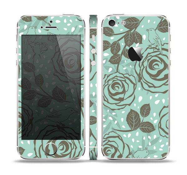 The Toned Green Vector Roses and Birds Skin Set for the Apple iPhone 5