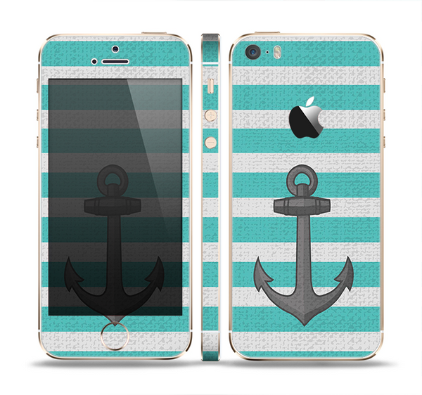 The Trendy Grunge Green Striped With Anchor Skin Set for the Apple iPhone 5s
