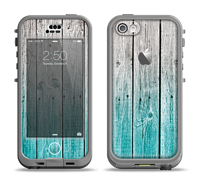 The Trendy Teal to White Aged Wood Planks Apple iPhone 5c LifeProof Nuud Case Skin Set