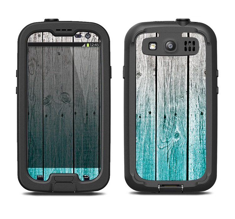 The Trendy Teal to White Aged Wood Planks Samsung Galaxy S3 LifeProof Fre Case Skin Set