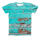 The Turquoise Chipped Paint on Wood ink-Fuzed Unisex All Over Full-Printed Fitted Tee Shirt