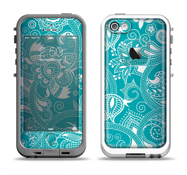 The Turquoise Fancy White Floral Design Apple iPhone 5-5s LifeProof Fre Case Skin Set