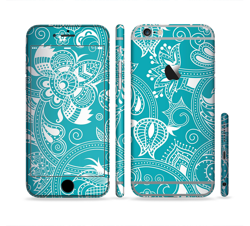 The Turquoise Fancy White Floral Design Sectioned Skin Series for the Apple iPhone 6 Plus