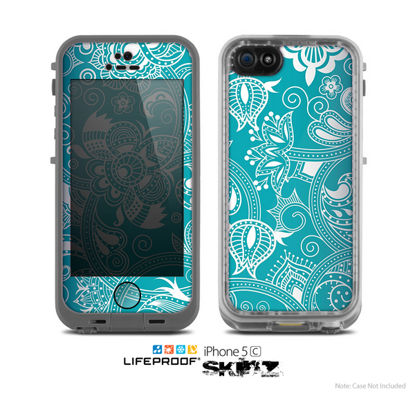 The Turquoise Fancy White Floral Design Skin for the Apple iPhone 5c LifeProof Case