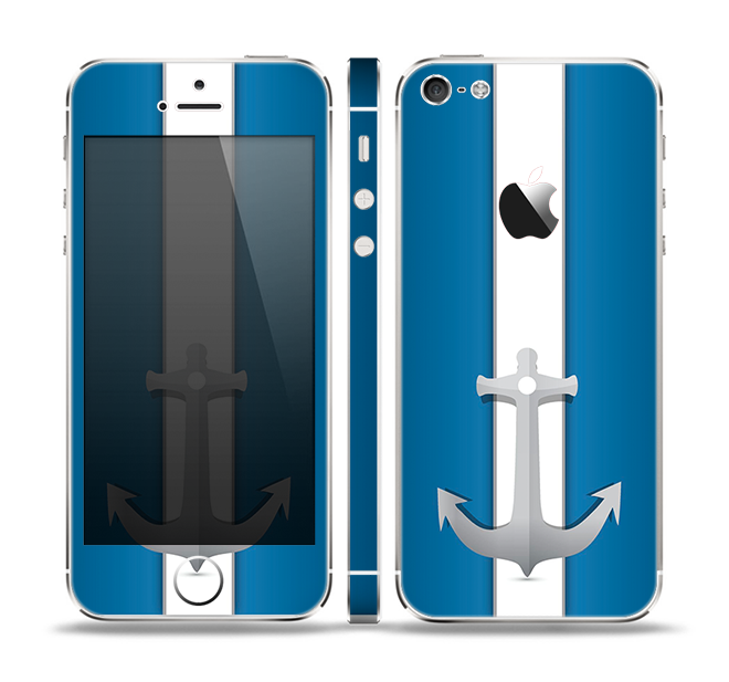 The Vector Blue and Gray Anchor with White Stripe Skin Set for the Apple iPhone 5