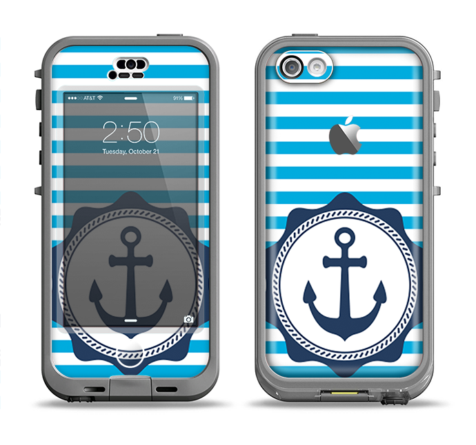 The Vector Navy Anchor with Blue Stripes Apple iPhone 5c LifeProof Nuud Case Skin Set