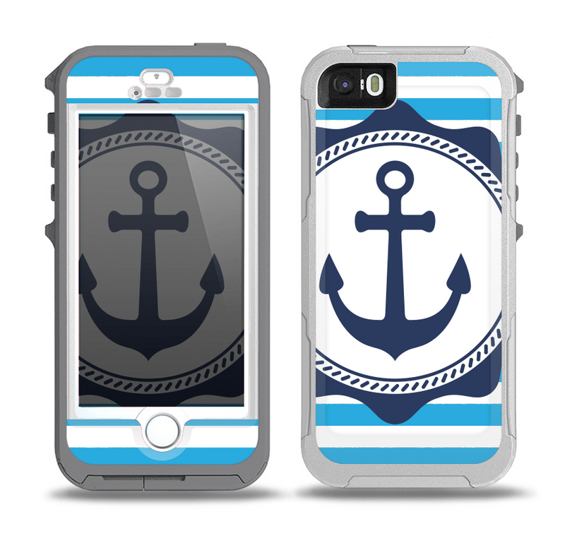 The Vector Navy Anchor with Blue Stripes Skin for the iPhone 5-5s OtterBox Preserver WaterProof Case