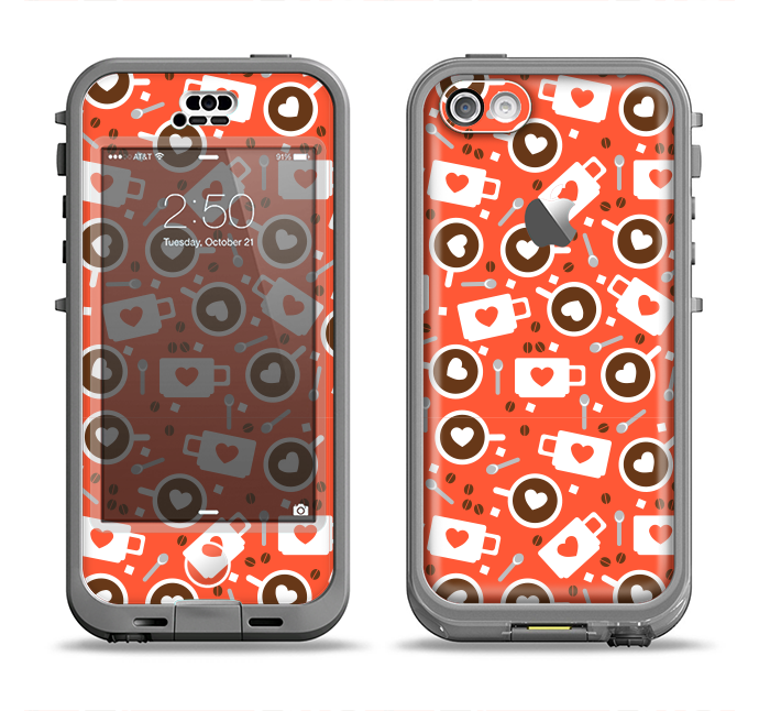 The Vector Red & Black Coffee Love Pattern Apple iPhone 5c LifeProof Nuud Case Skin Set