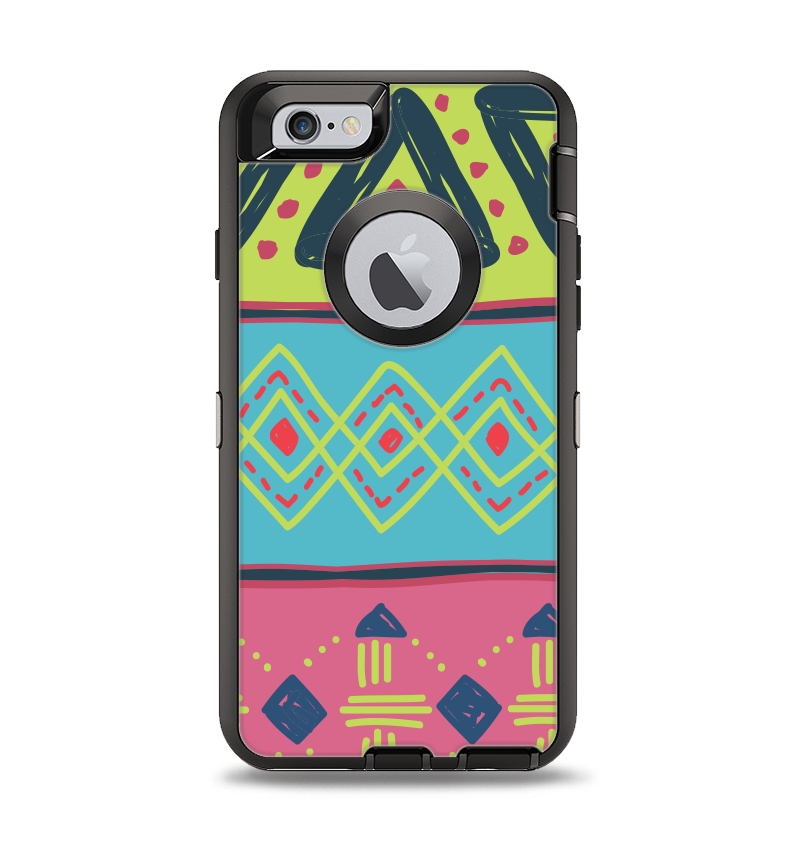 The Vector Sketched Yellow-Teal-Pink Aztec Pattern Apple iPhone 6 Otterbox Defender Case Skin Set