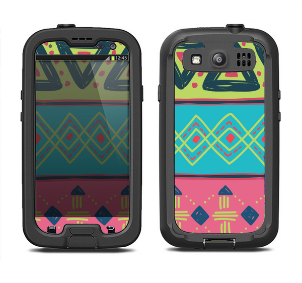 The Vector Sketched Yellow-Teal-Pink Aztec Pattern Samsung Galaxy S3 LifeProof Fre Case Skin Set