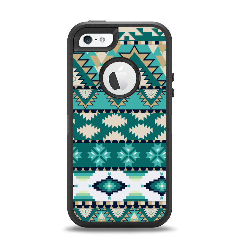 The Vector Teal & Green Aztec Pattern  Apple iPhone 5-5s Otterbox Defender Case Skin Set
