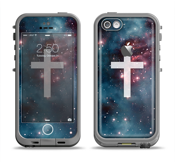 The Vector White Cross v2 over Bright Pink Nebula Space Apple iPhone 5c LifeProof Fre Case Skin Set