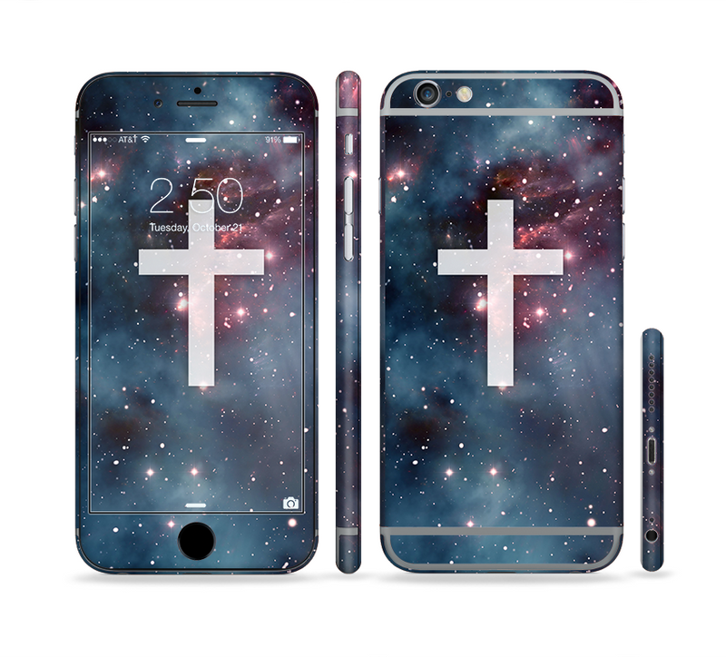 The Vector White Cross v2 over Bright Pink Nebula Space Sectioned Skin Series for the Apple iPhone 6 Plus