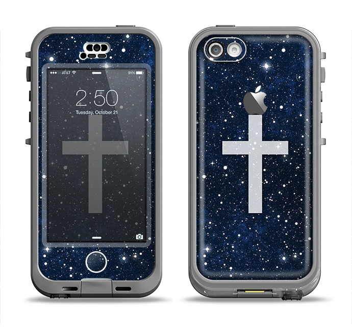 The Vector White Cross v2 over Bright Starry Sky Apple iPhone 5c LifeProof Nuud Case Skin Set