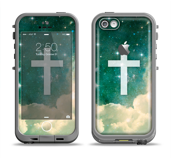 The Vector White Cross v2 over Cloudy Abstract Green Nebula Apple iPhone 5c LifeProof Fre Case Skin Set
