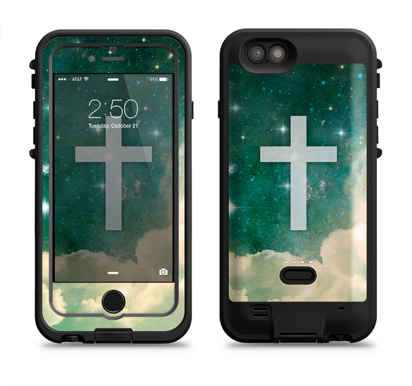 The Vector White Cross v2 over Cloudy Abstract Green Nebula Apple iPhone 6/6s LifeProof Fre POWER Case Skin Set