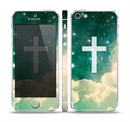 The Vector White Cross v2 over Cloudy Abstract Green Nebula Skin Set for the Apple iPhone 5