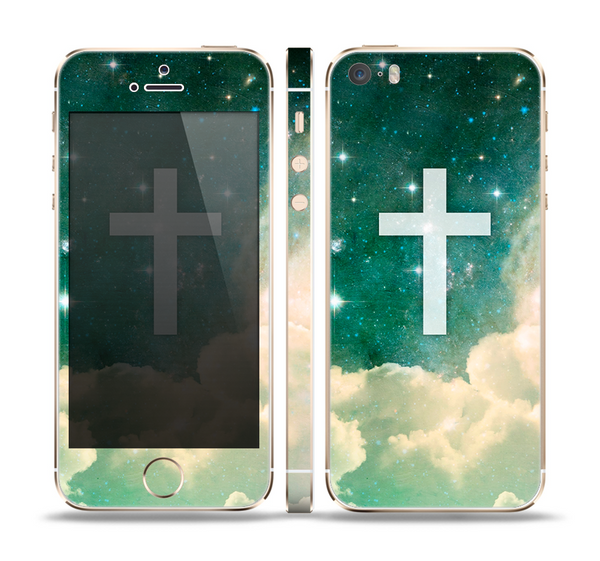 The Vector White Cross v2 over Cloudy Abstract Green Nebula Skin Set for the Apple iPhone 5s