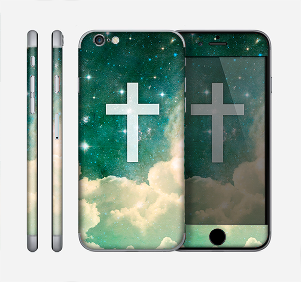 The Vector White Cross v2 over Cloudy Abstract Green Nebula Skin for the Apple iPhone 6 Plus