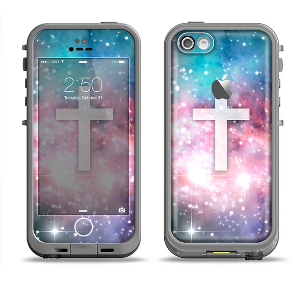 The Vector White Cross v2 over Colorful Neon Space Nebula Apple iPhone 5c LifeProof Fre Case Skin Set