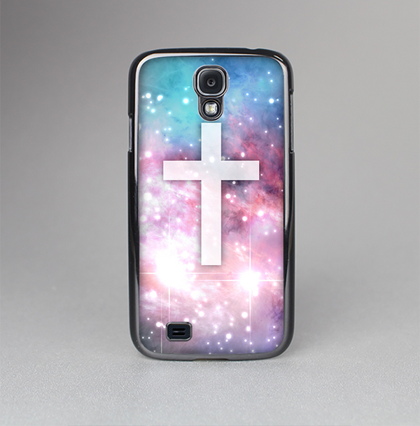The Vector White Cross v2 over Colorful Neon Space Nebula Skin-Sert Case for the Samsung Galaxy S4