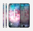 The Vector White Cross v2 over Colorful Neon Space Nebula Skin for the Apple iPhone 6 Plus