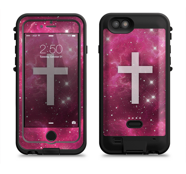 The Vector White Cross v2 over Glowing Pink Nebula Apple iPhone 6/6s LifeProof Fre POWER Case Skin Set