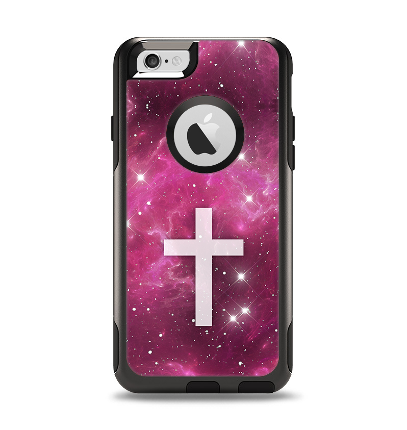 The Vector White Cross v2 over Glowing Pink Nebula Apple iPhone 6 Otterbox Commuter Case Skin Set