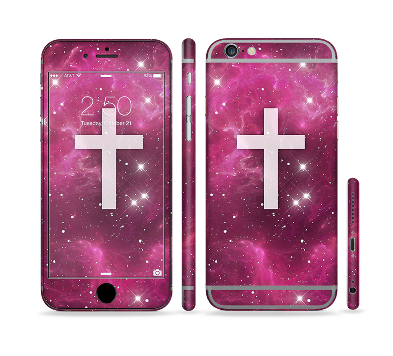 The Vector White Cross v2 over Glowing Pink Nebula Sectioned Skin Series for the Apple iPhone 6 Plus