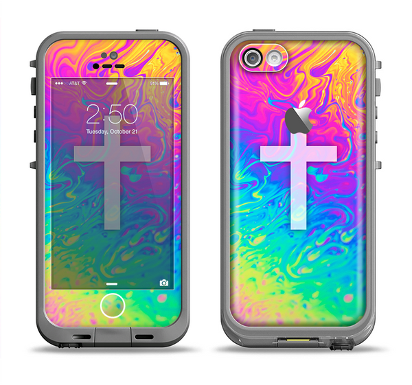 The Vector White Cross v2 over Neon Color Fushion V2 Apple iPhone 5c LifeProof Fre Case Skin Set