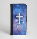 The Vector White Cross v2 over Purple Nebula Ink-Fuzed Leather Folding Wallet Case for the iPhone 6/6s, 6/6s Plus, 5/5s and 5c