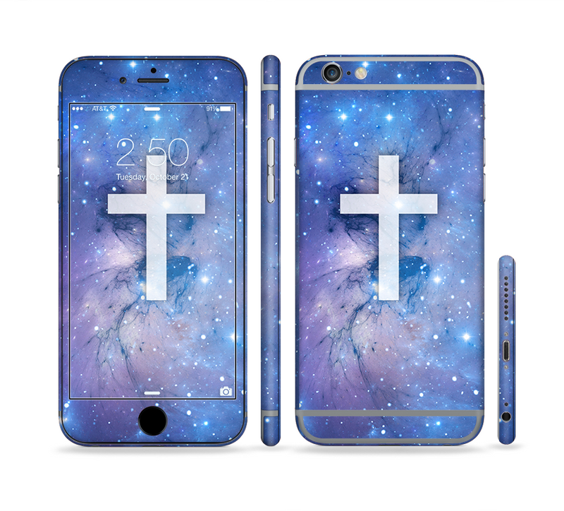 The Vector White Cross v2 over Purple Nebula Sectioned Skin Series for the Apple iPhone 6 Plus
