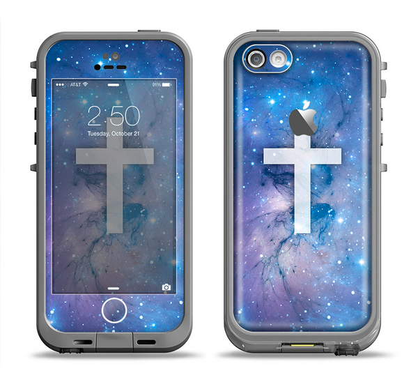 The Vector White Cross v2 over Space Nebula Apple iPhone 5c LifeProof Fre Case Skin Set