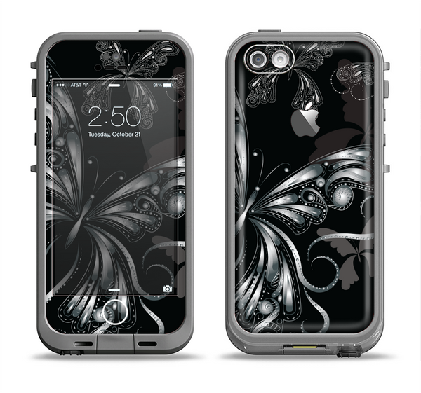 The Vibrant Black & Silver Butterfly Outline Apple iPhone 5c LifeProof Fre Case Skin Set