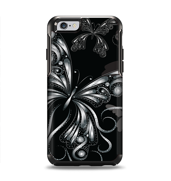 The Vibrant Black & Silver Butterfly Outline Apple iPhone 6 Otterbox Symmetry Case Skin Set