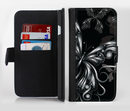 The Vibrant Black & Silver Butterfly Outline Ink-Fuzed Leather Folding Wallet Credit-Card Case for the Apple iPhone 6/6s, 6/6s Plus, 5/5s and 5c