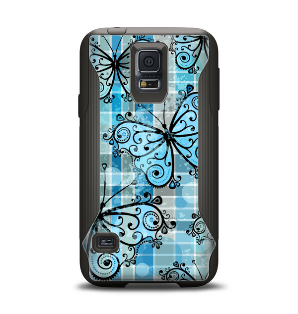 The Vibrant Blue Butterfly Plaid Samsung Galaxy S5 Otterbox Commuter Case Skin Set