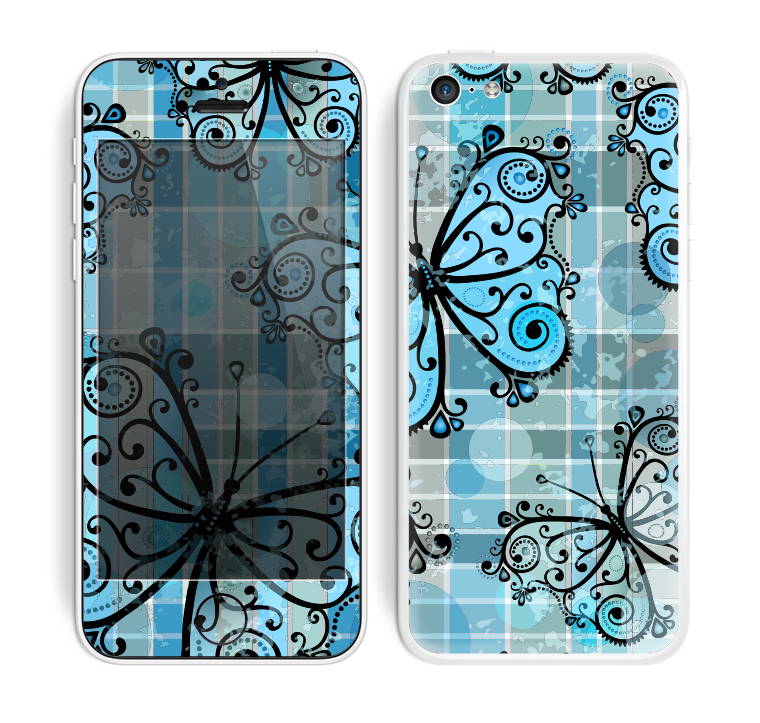 The Vibrant Blue Butterfly Plaid Skin for the Apple iPhone 5c