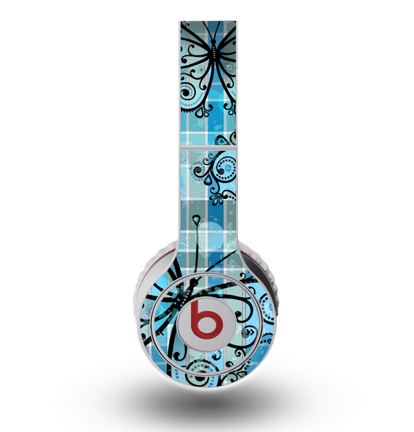 The Vibrant Blue Butterfly Plaid Skin for the Original Beats by Dre Wireless Headphones