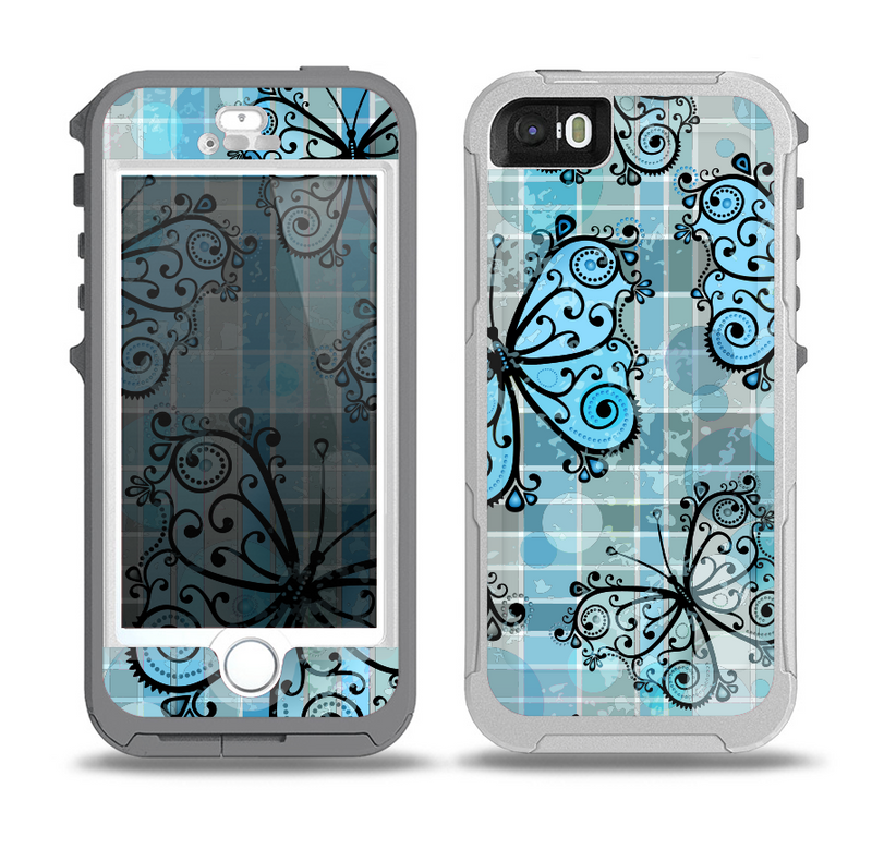 The Vibrant Blue Butterfly Plaid Skin for the iPhone 5-5s OtterBox Preserver WaterProof Case